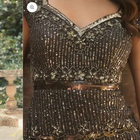 MAC DUGGAL 9089 CAP SLEEVE SWEETHEART NECKLINE BEADED CHARCOAL BROWN GOWN  sz 2‎ - Picture 6 of 10